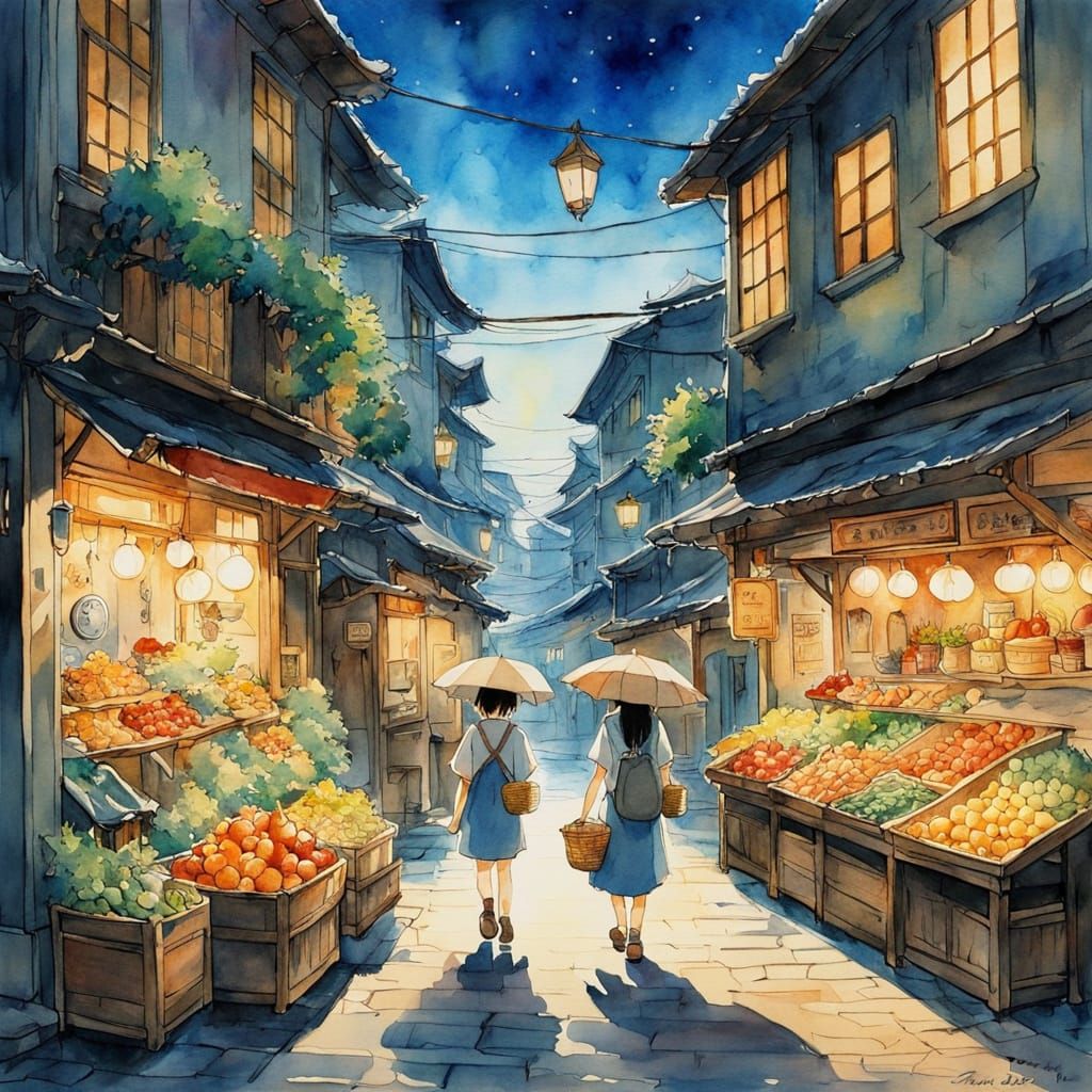 Dreamy Ghibli-Inspired Watercolor Market Scene