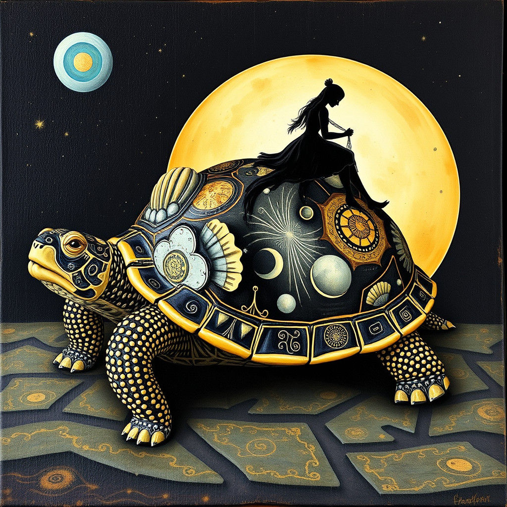 Grandfather Turtle in Cosmic Surreal Landscape at Night