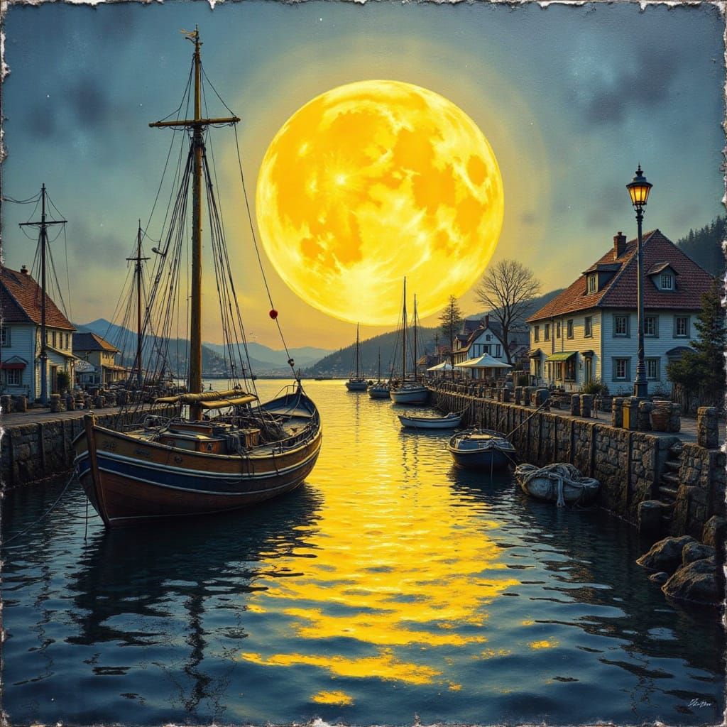 yellow moon close up fishing boat in the harbour fishing town in hues of blue and...
