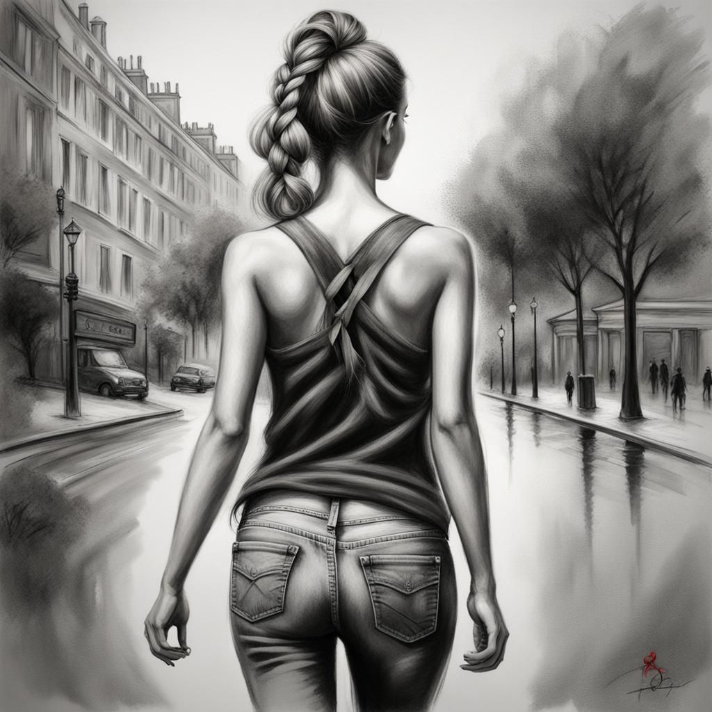 Charcoal Art Portrait of Woman Walking in London