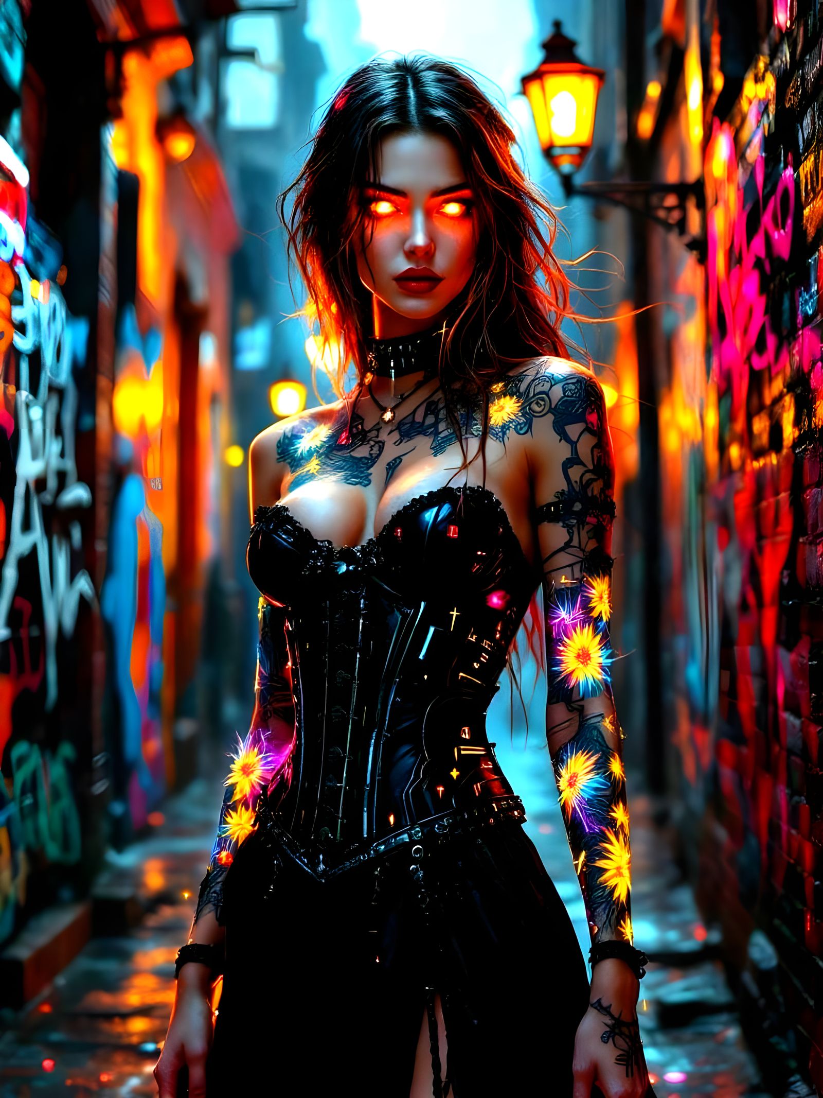 Cyberpunk Gothic Sorceress in Ink, Oil, and Neon