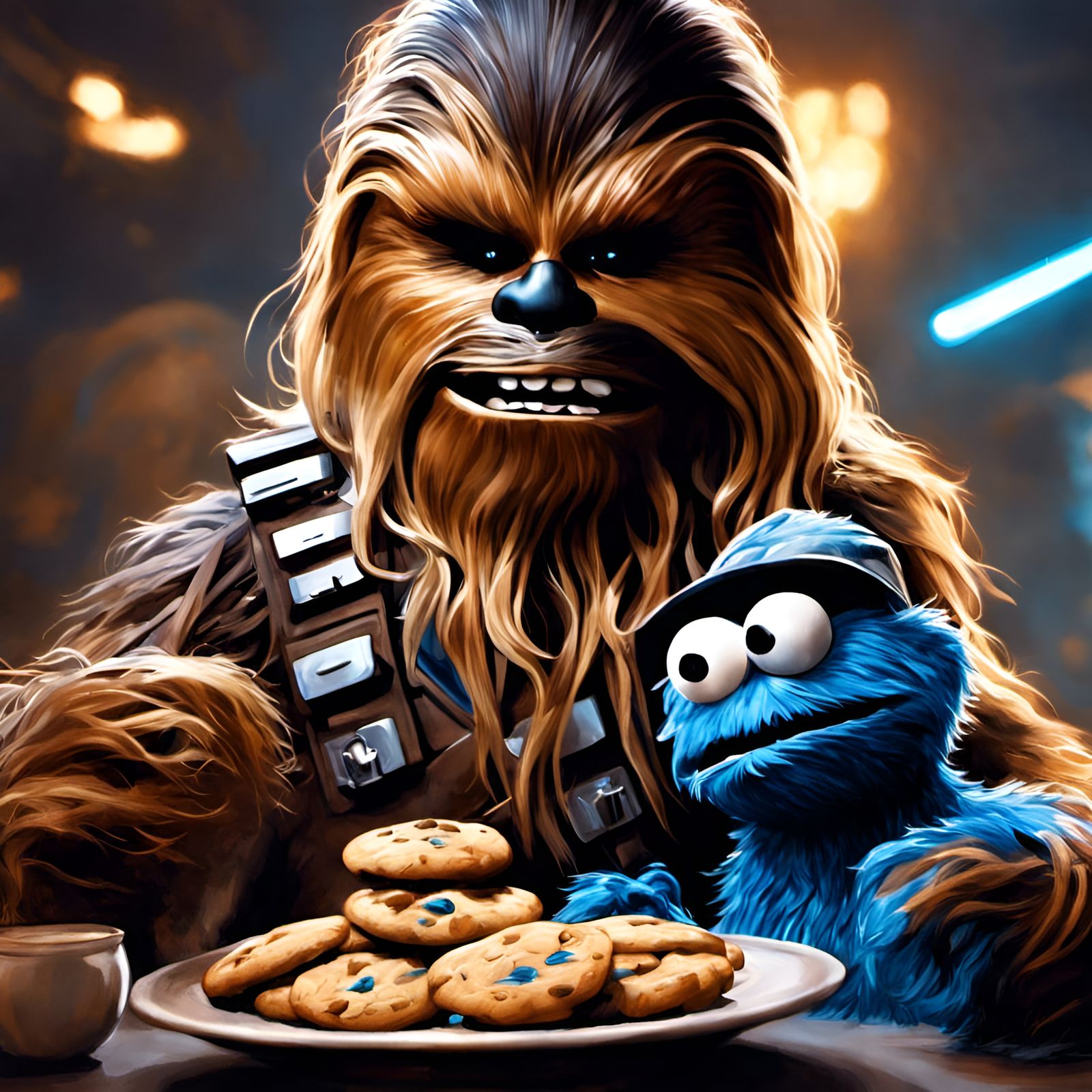 Chewbacca Cookie Monster Portrait: Artgerm and Pixar Style