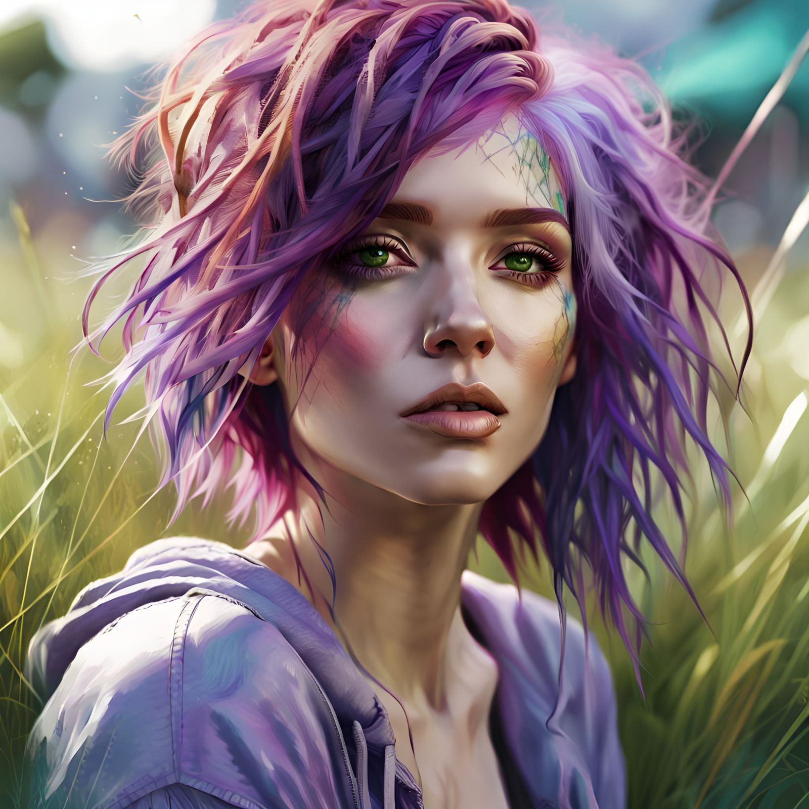 Purple-Haired Woman in Park: 3D Digital Art