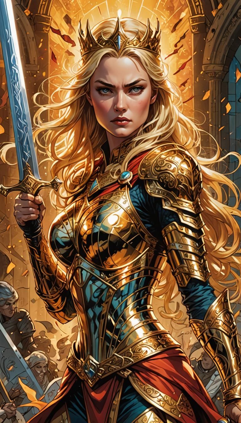 Blonde Queen Wields Sword in Comic Book Art