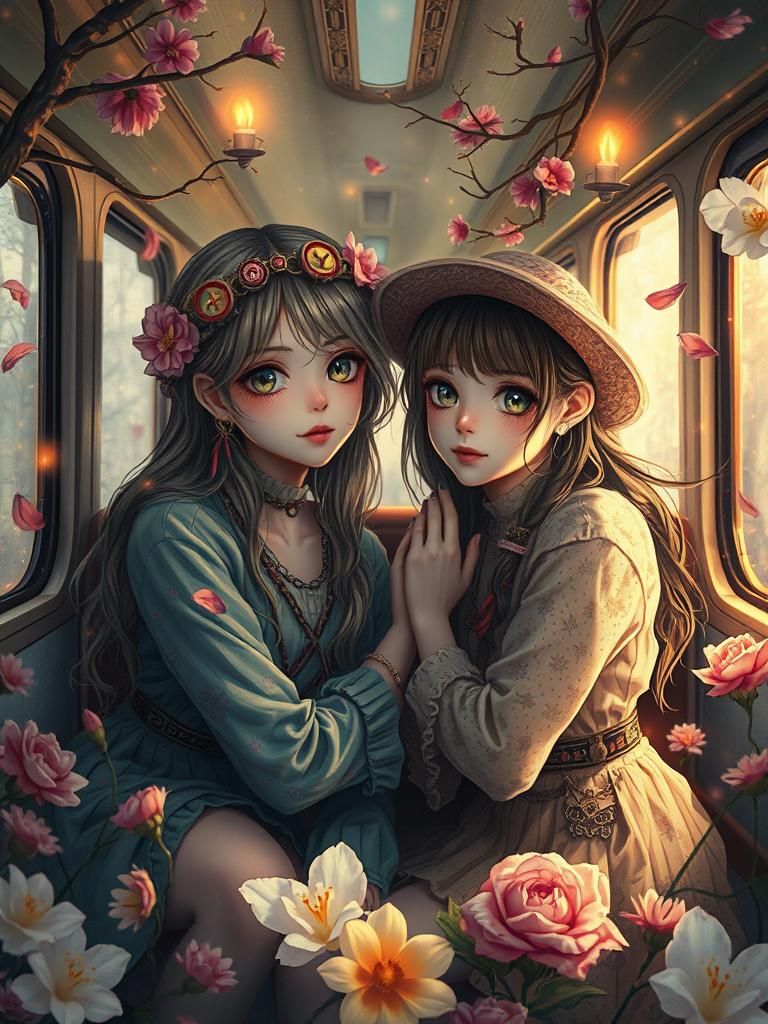 Hippy Girls on Train in Romantic Digital Painting
