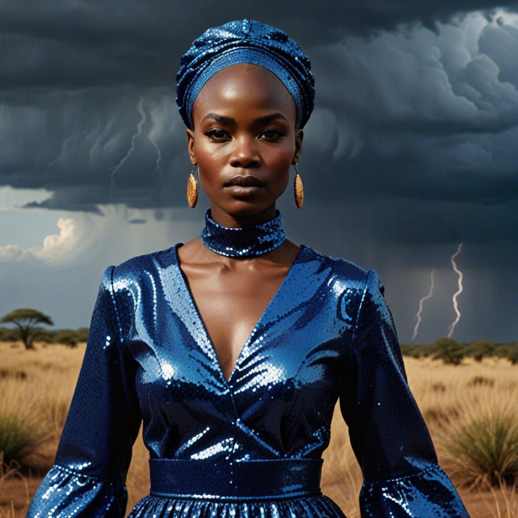 Elegant African Beauty Runs Through Plains in Blue Sequin Dr...