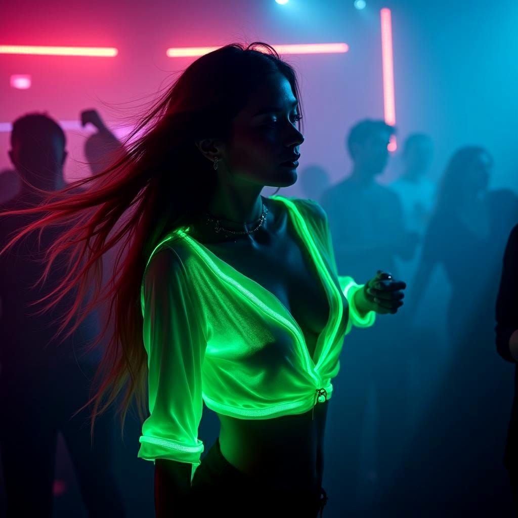 Woman Dancing in Neon Blouse, Hyperrealistic Style