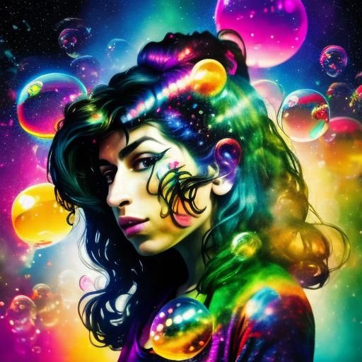 Hallucinating Woman with Bubbles in Rave Style