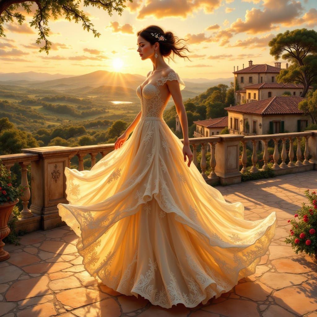 Tuscan Villa at Sunset: Woman in Glowing Gown