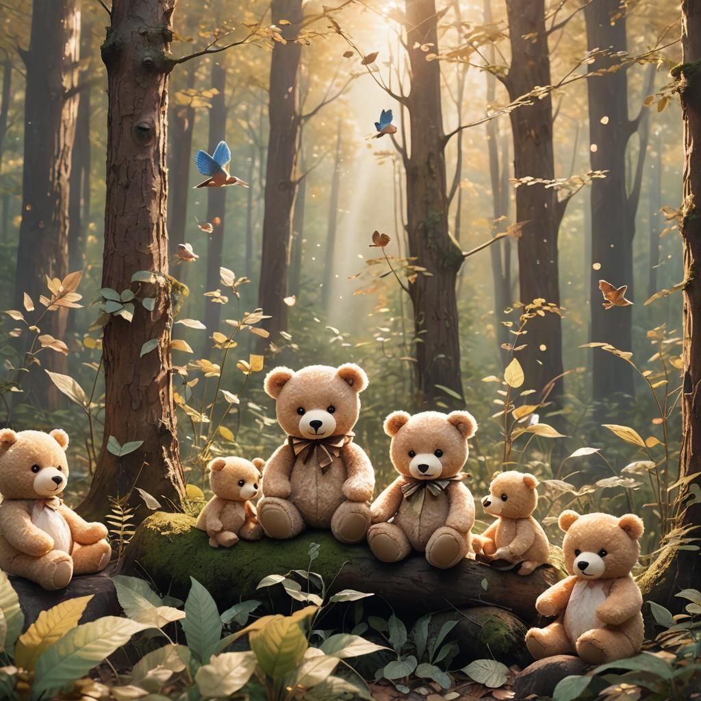 Anime Teddy Bear Family in Golden Forest Light