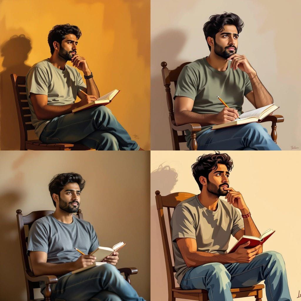 Contemplative Man with Pencil in Cozy Setting