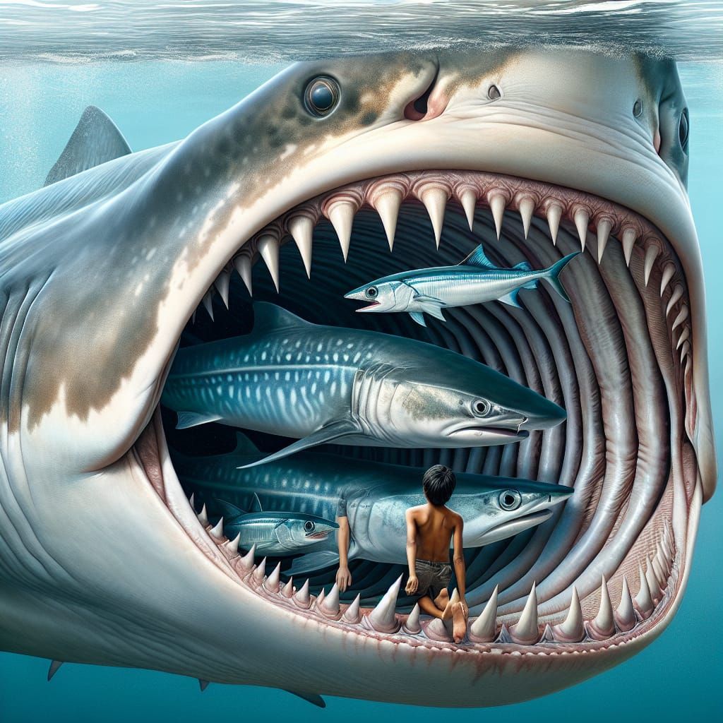 Basking Shark's Open Mouth Adventure in Blue Waters