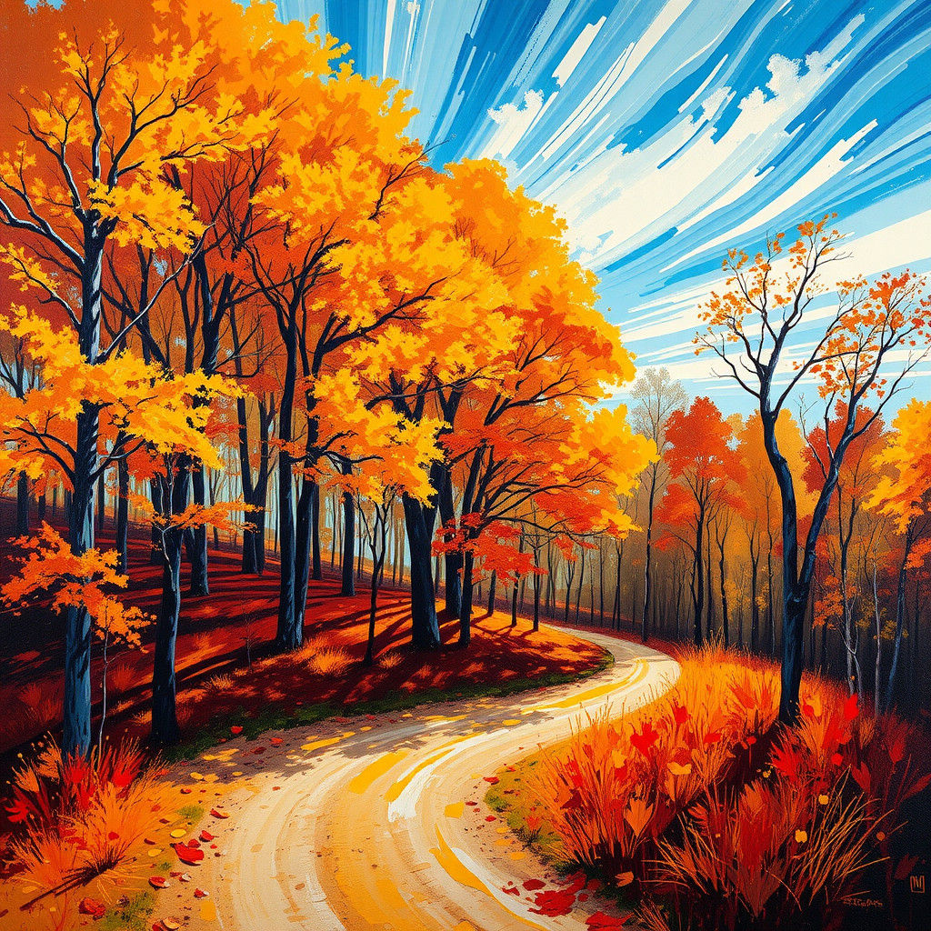 Autumn Forest Path in Post-Impressionist Style