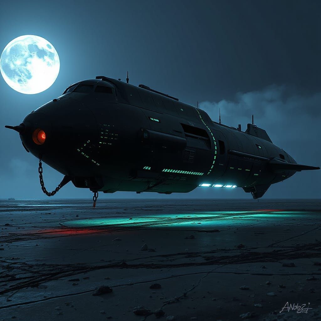 Obsidian Spaceship on Moonlit Beach in Futuristic Style