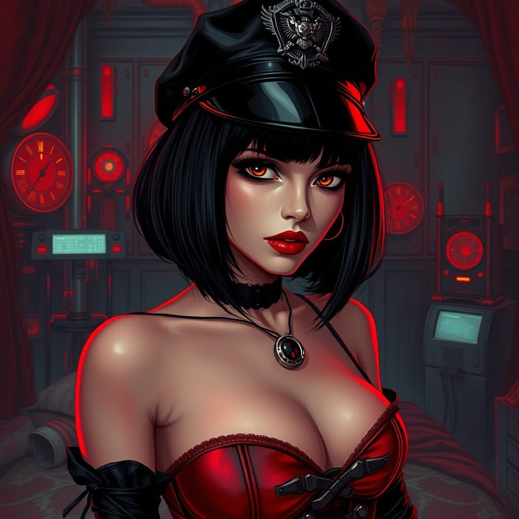 Gothic Mistress in Noir Bedroom with Futuristic Tech