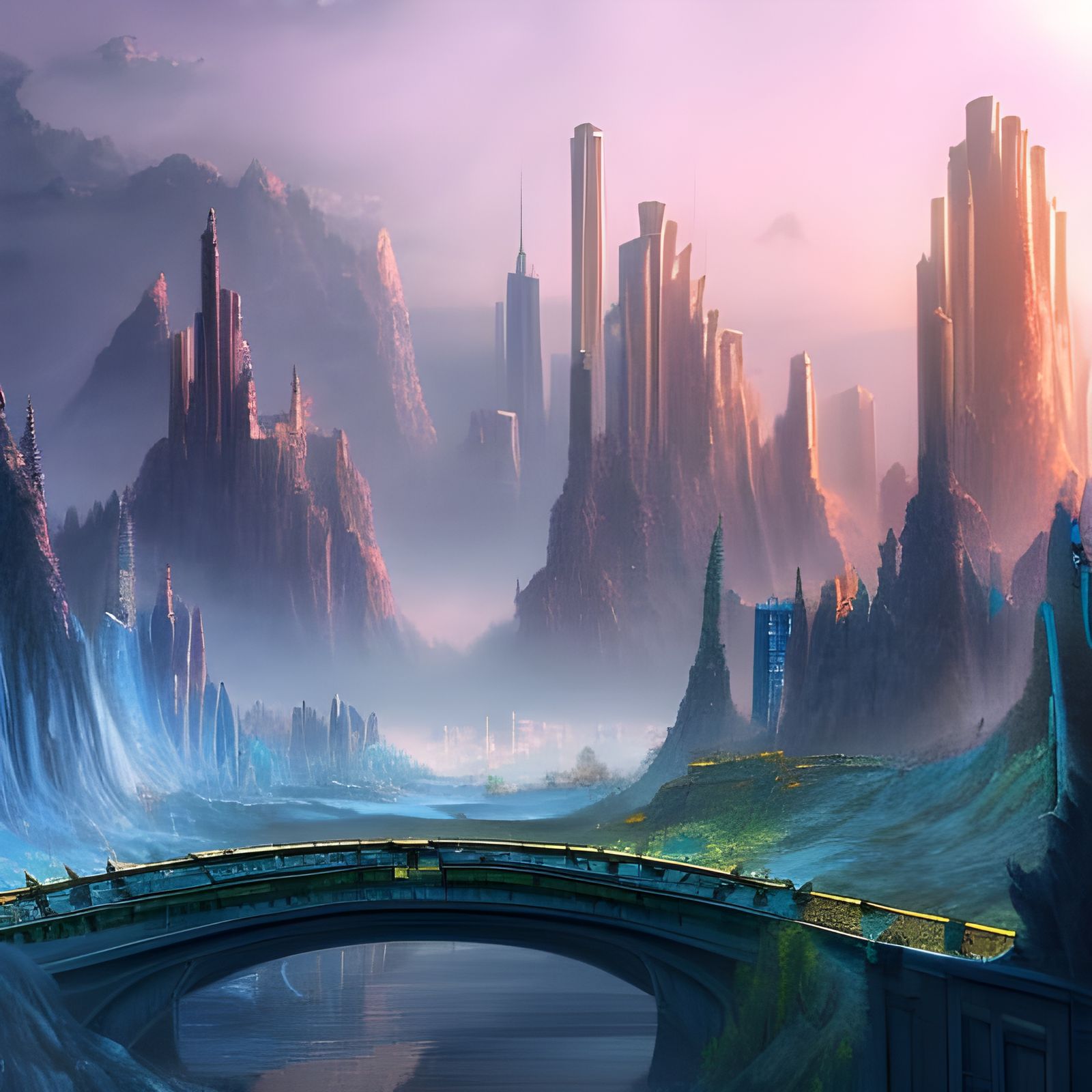 Futuristic Skyline Bridge in Detailed Matte Painting