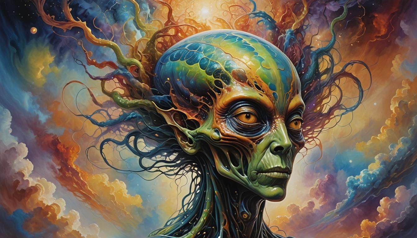 Surreal Alien Head Radiating Sound Waves as Oil Painting