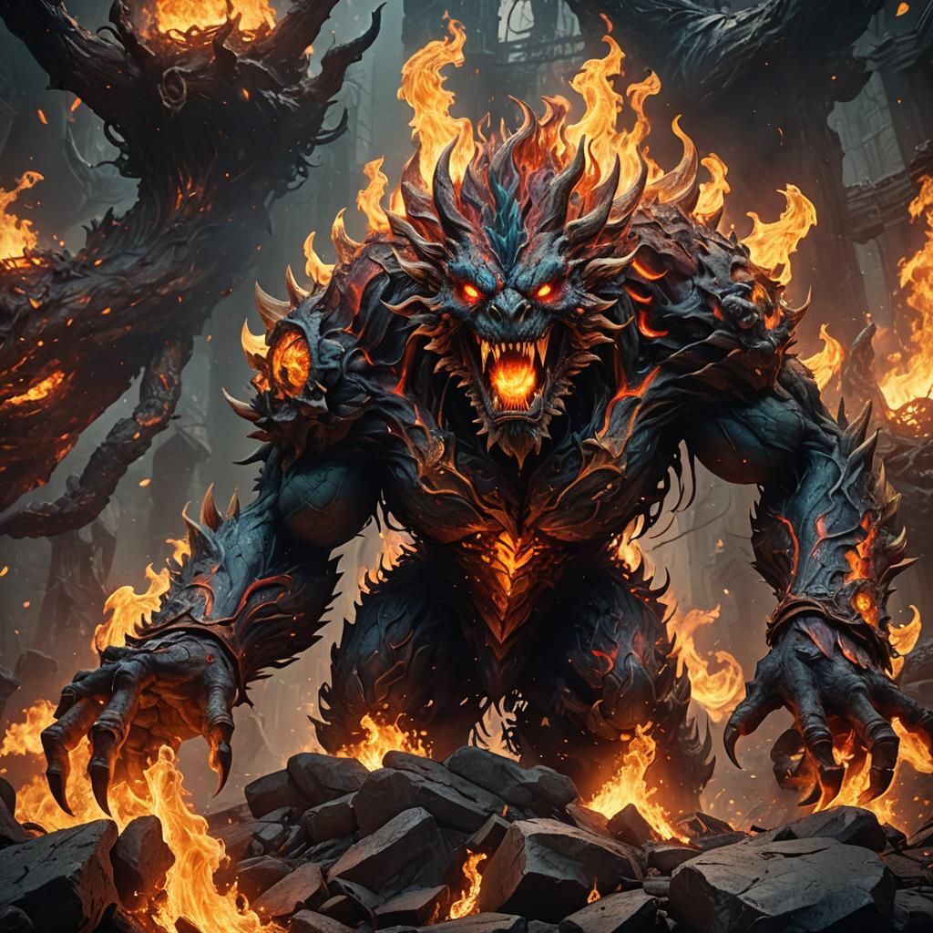 Flaming Fire Elemental Monster in Detailed Matte Painting