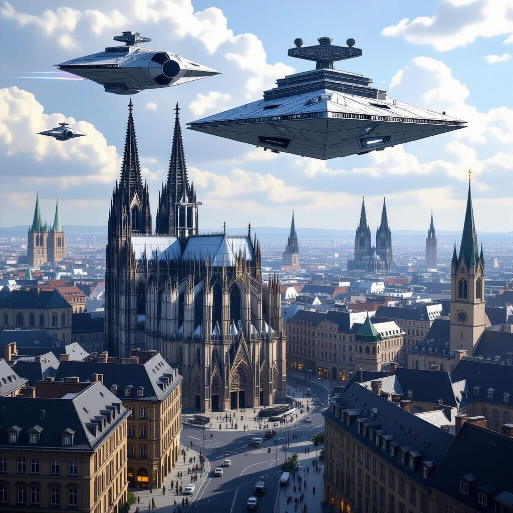 Cologne Cityscape with Star Wars Ships in Hyperrealism
