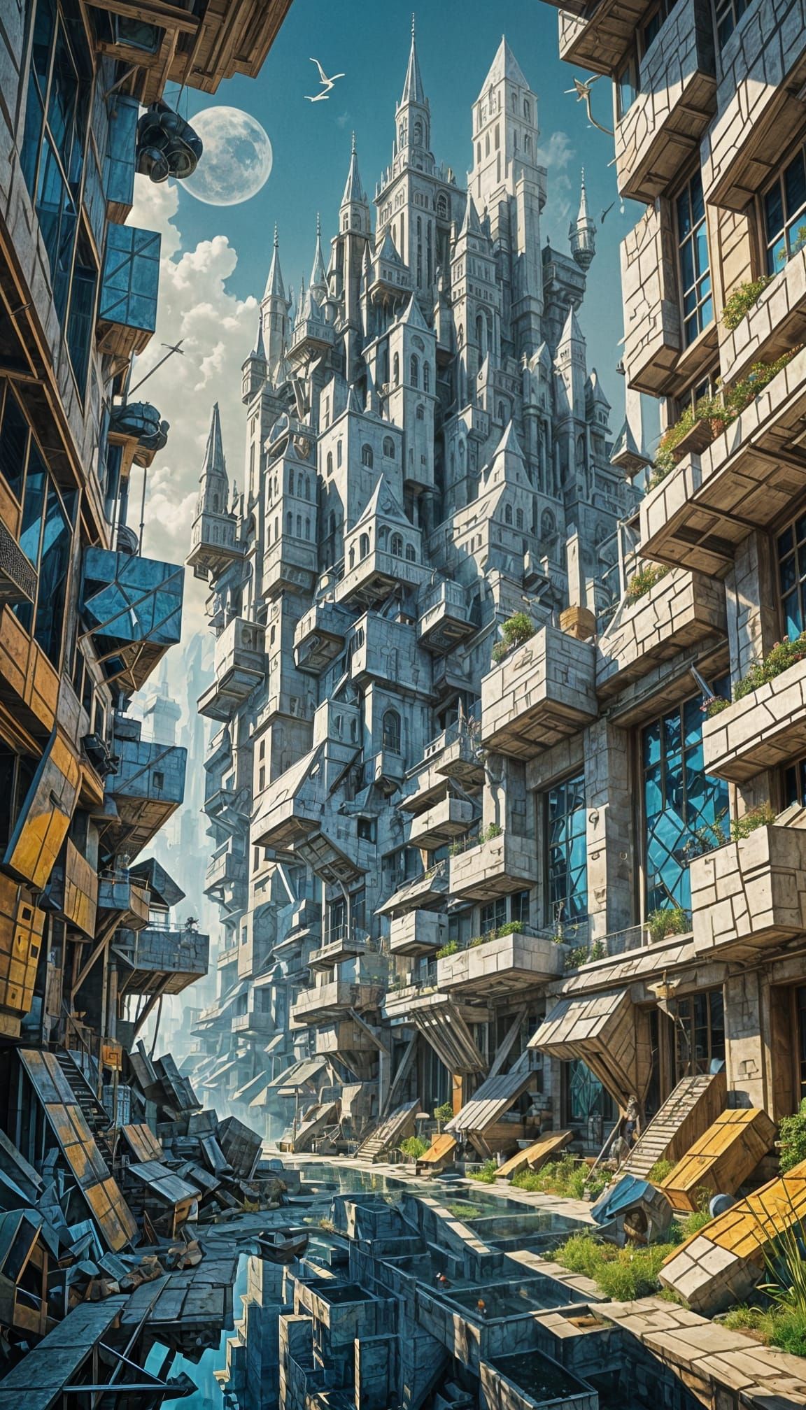 Cubist Fantasy Scene with Intricate Details