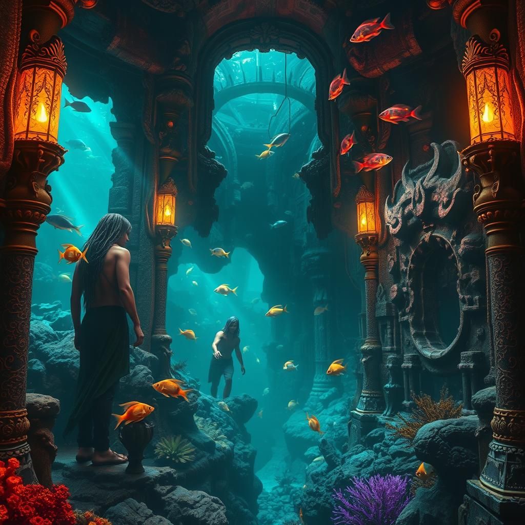 Humans Trapped in Mystical Aquarium: Dreamlike Matte Paintin...
