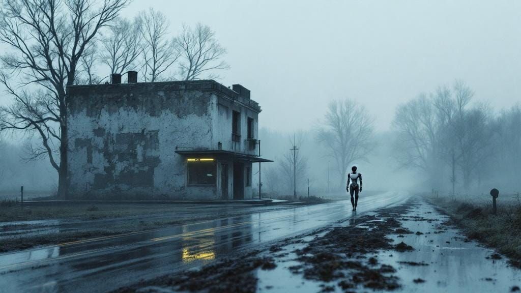 Post-Apocalyptic Robot Walks on Wet Road