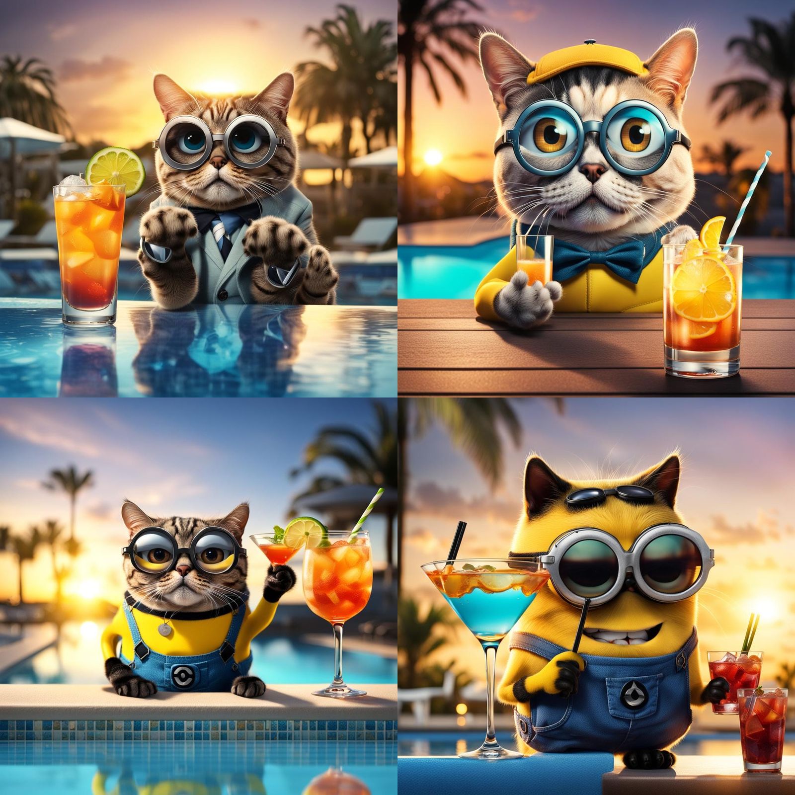 Minion Cat with Cocktail at Sunset Pool