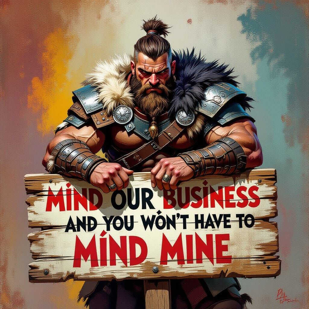 Muscular Barbarian in Detailed Armor Leaning on Warning Sign