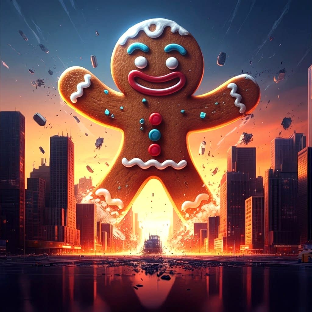 Giant Gingerbread Man Rampages City: 3D Digital Art