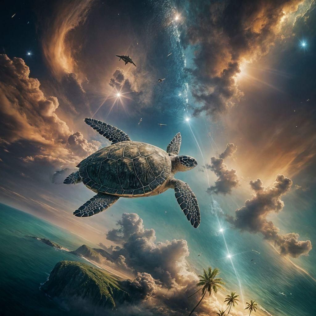 Sea Turtle Island Soaring Through Space
