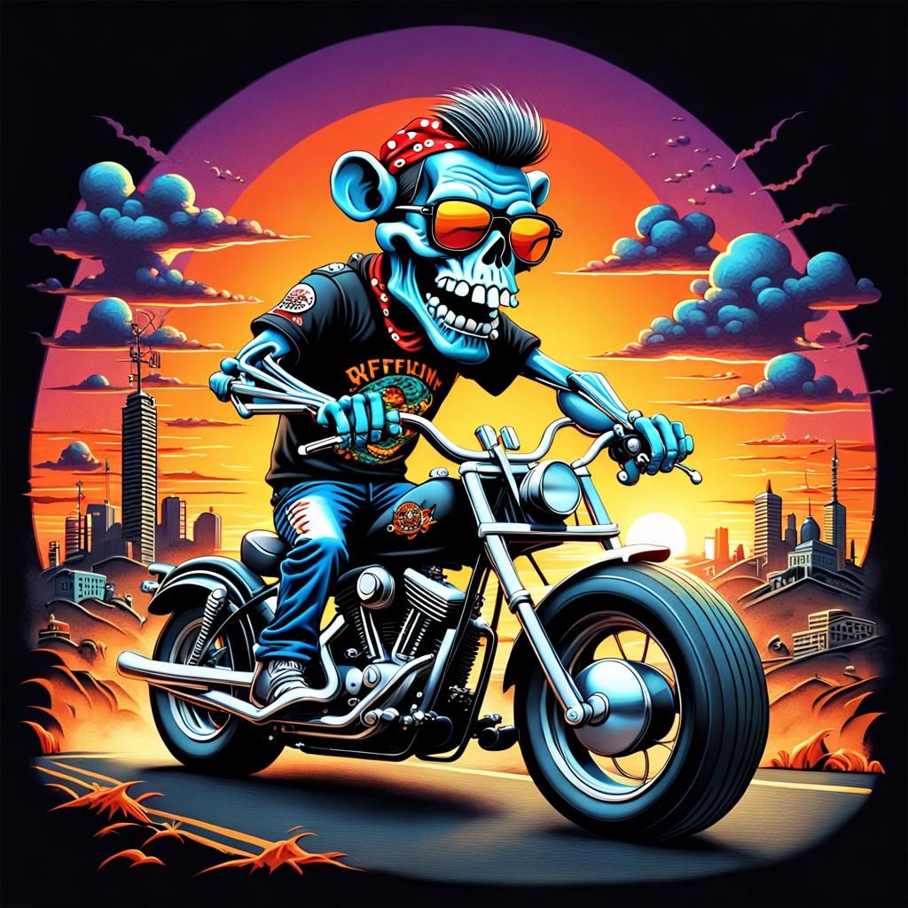 Retro Ratfink Biker on Harley at Sunset