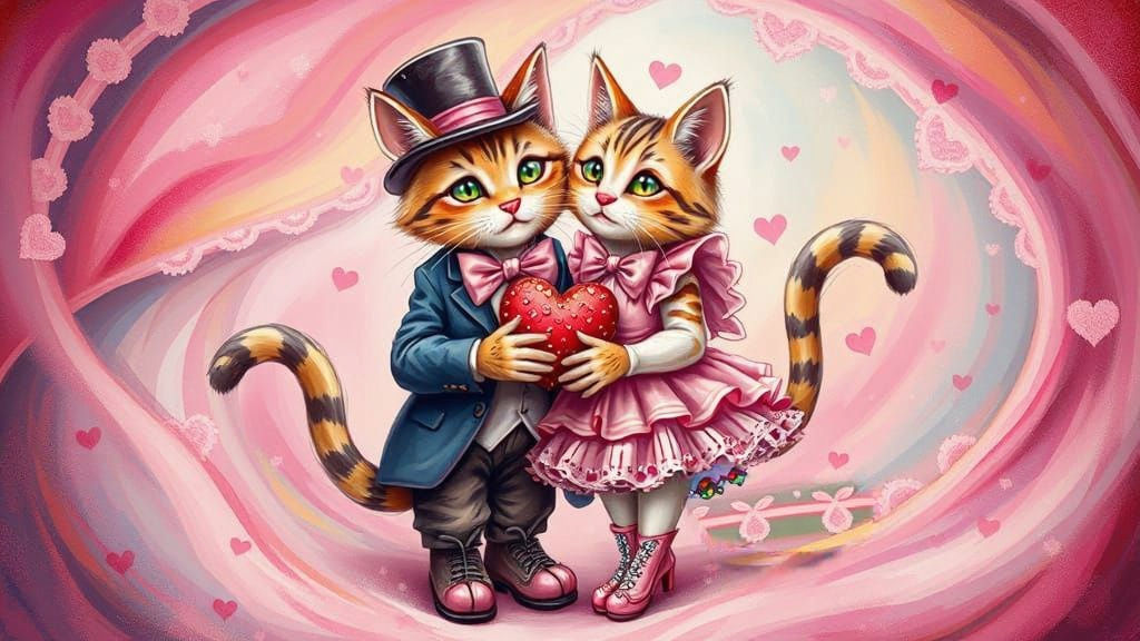Whimsical Victorian Feline Couple in Love