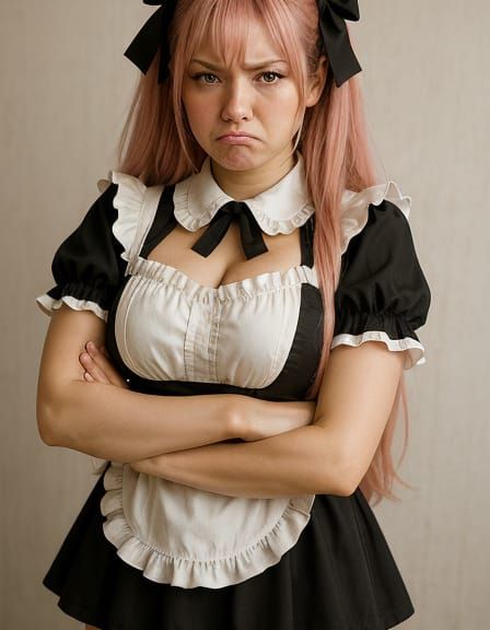 Grumpy Woman with Pink Hair in Anime Style