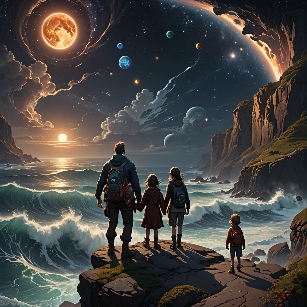 Dad, Mum and Children on Cliff's Edge in Celestial Darkness