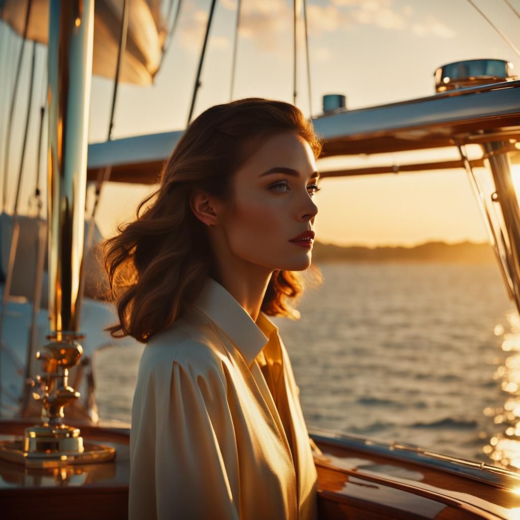 Glamorous Woman on Yacht in Oil Painting Style