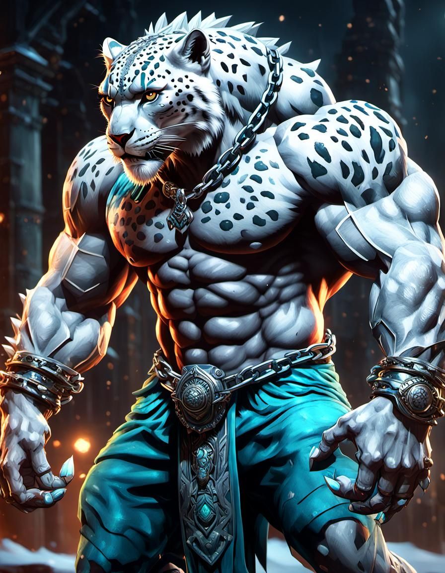 anthropomorphic snow leopard man with massive muscular muscle ,8k resolution concept art with chains,spikes and huge cla...