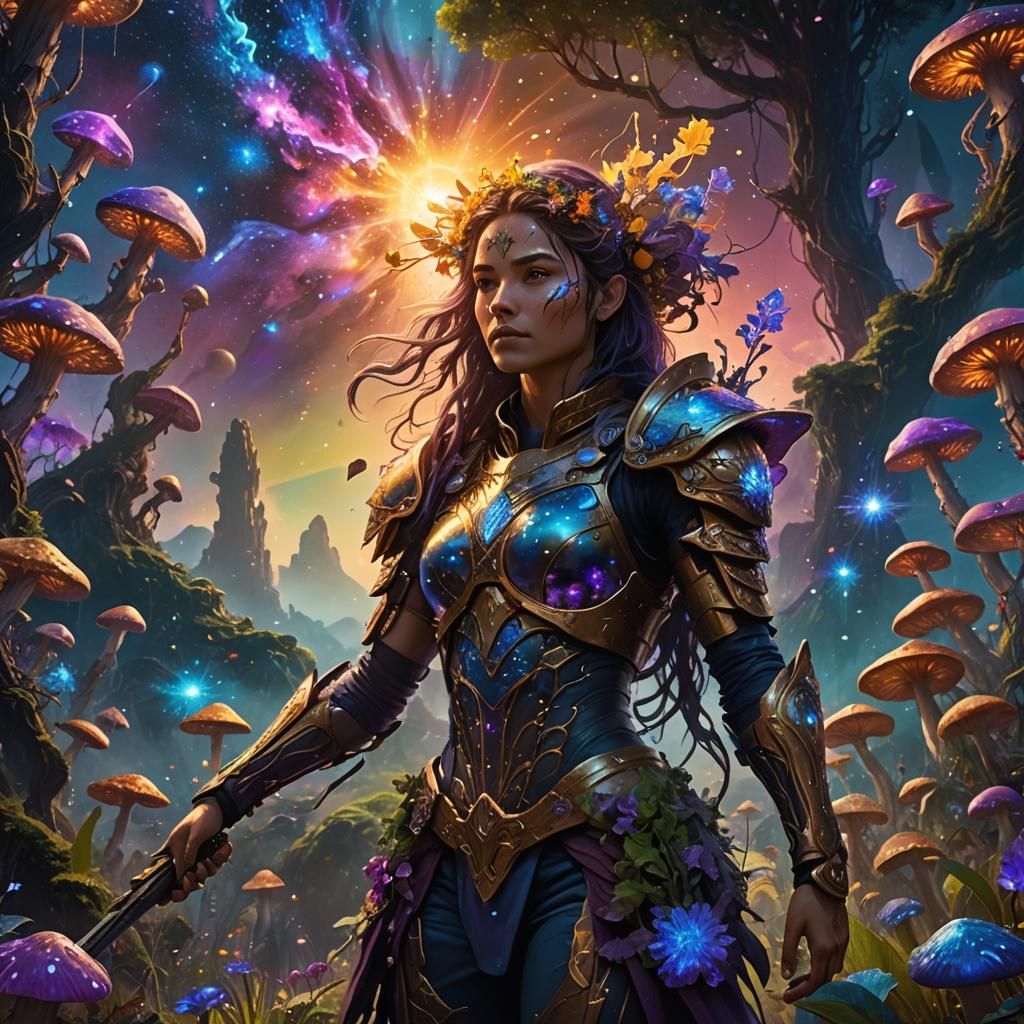 Nebula Warrior in Bioluminescent Mushroom Realm