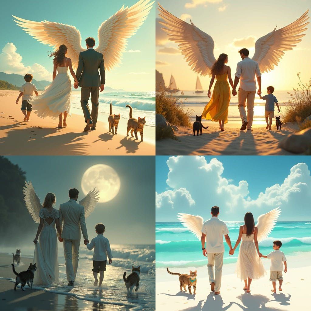 Angel Gentleman Strolls on Beach with Family and Feline Comp...