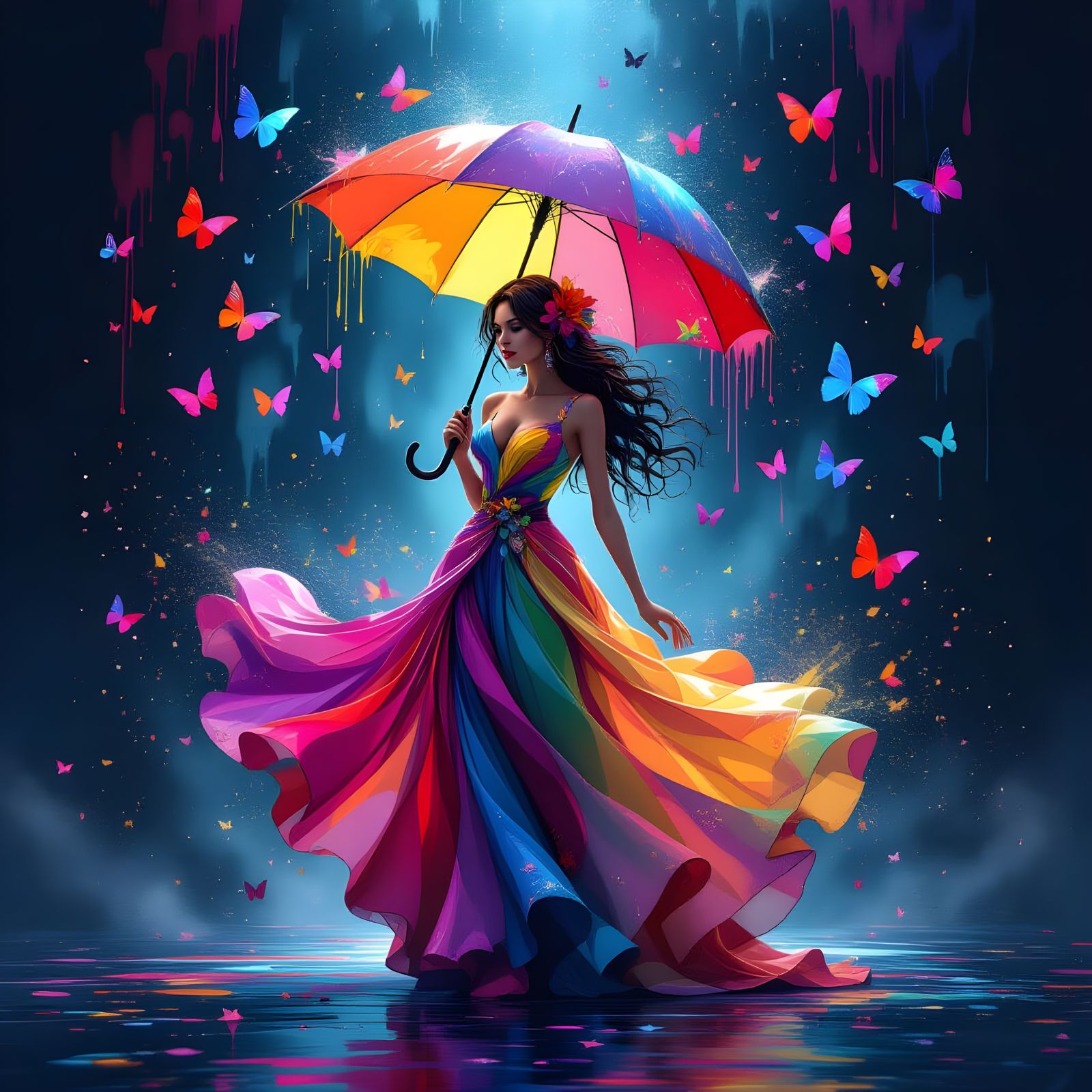 Woman with Umbrella Amidst Butterflies and Flowers