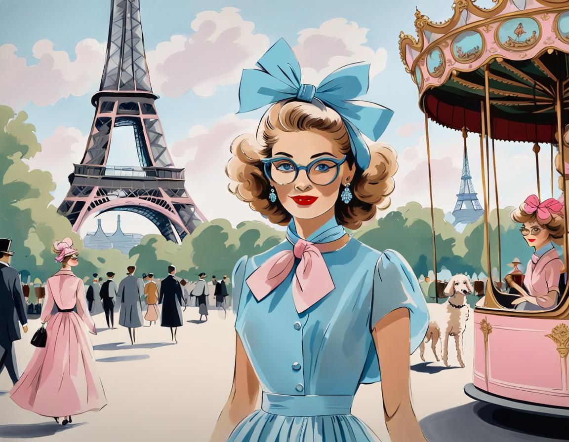 Parisian Fashionista at Eiffel Tower in Children's Book Styl...