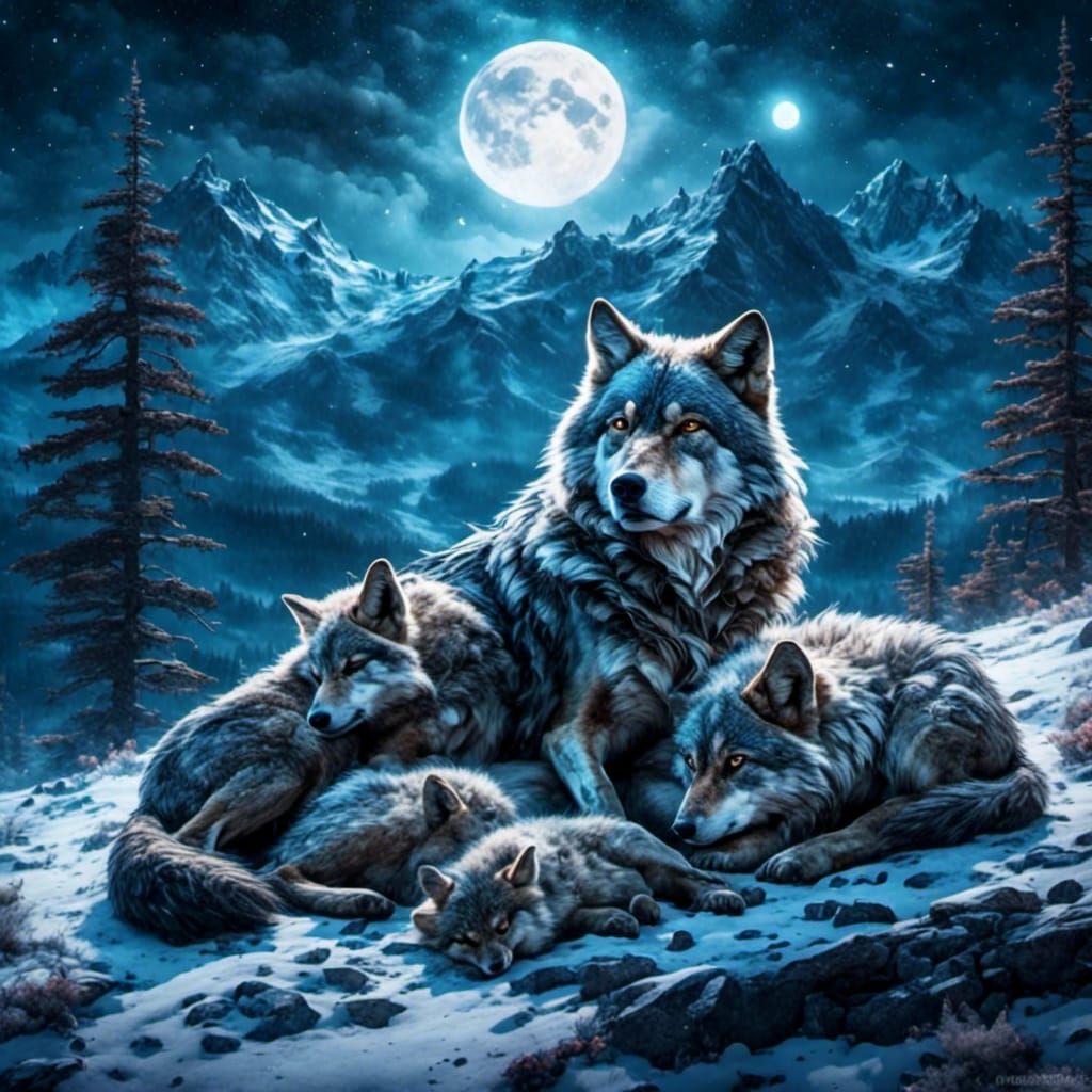 Wolf Family in Snowy Moonlight: Impressionist Watercolor