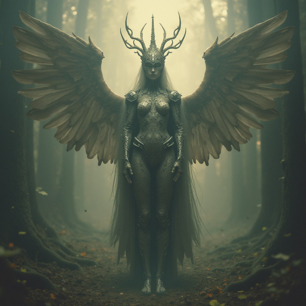 Mystical Helmeted Figure in Dreamlike Biomechanical Scene