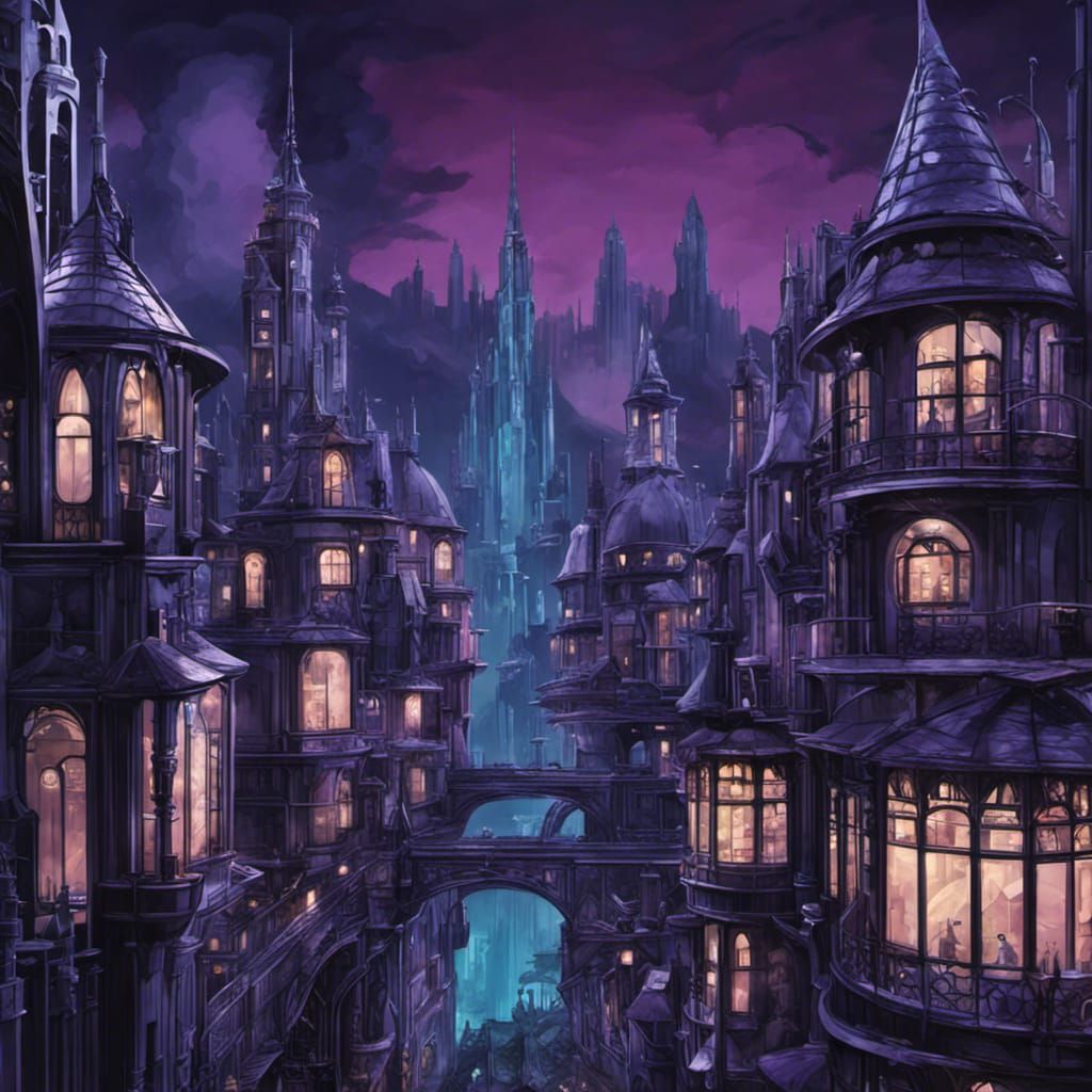 Gothic Art Deco Vampire Metropolis in High Fantasy Style