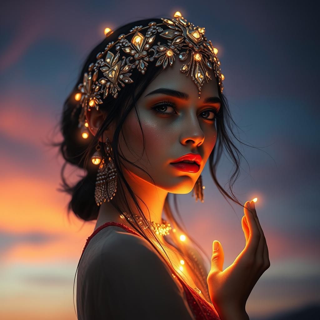 Ethereal Woman with Jeweled Headdress in Twilight
