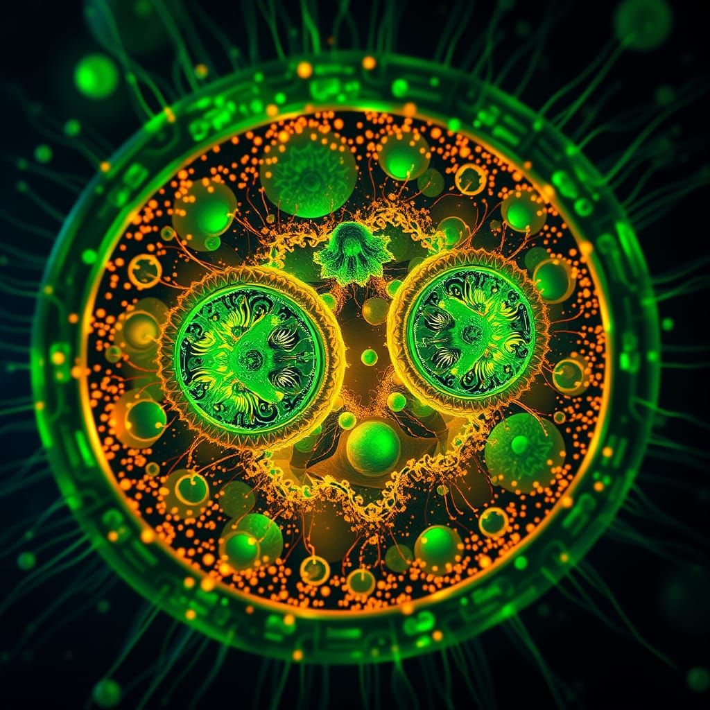 Bioluminescent Cell: Microscopic Cosmos in Emerald and Gold