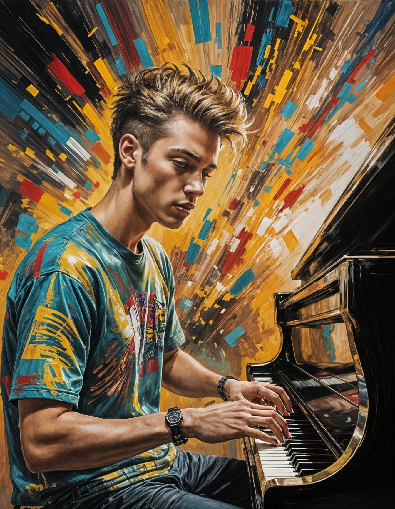 Joyful Pianist in Abstract Impressionist Style