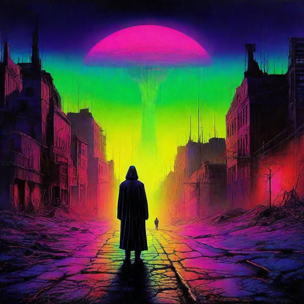 black light reactive, art by Zdzisław Beksiński, neon surrealism. Otherworldly landscape, neon hues on a dark canvas, UV...