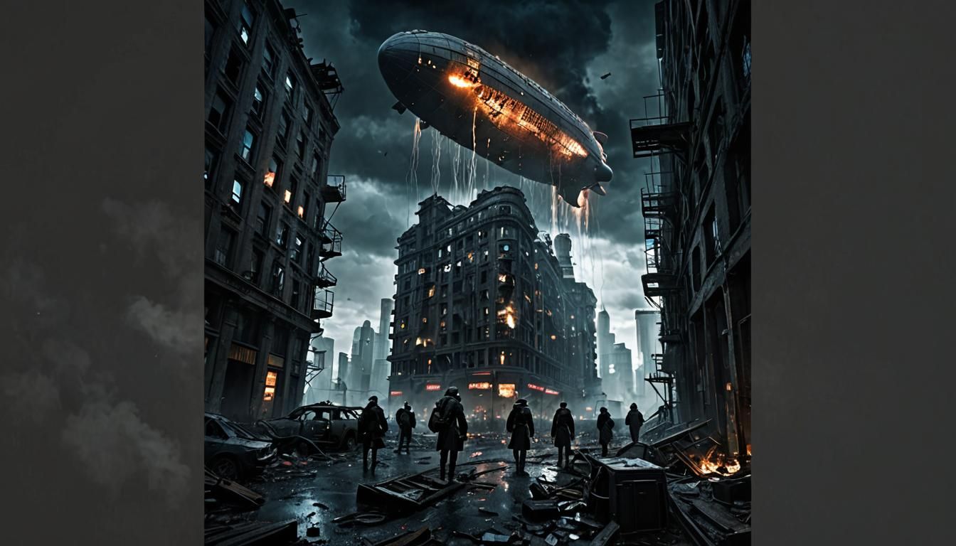 Dystopian Zeppelin Over Ruined Cityscape
