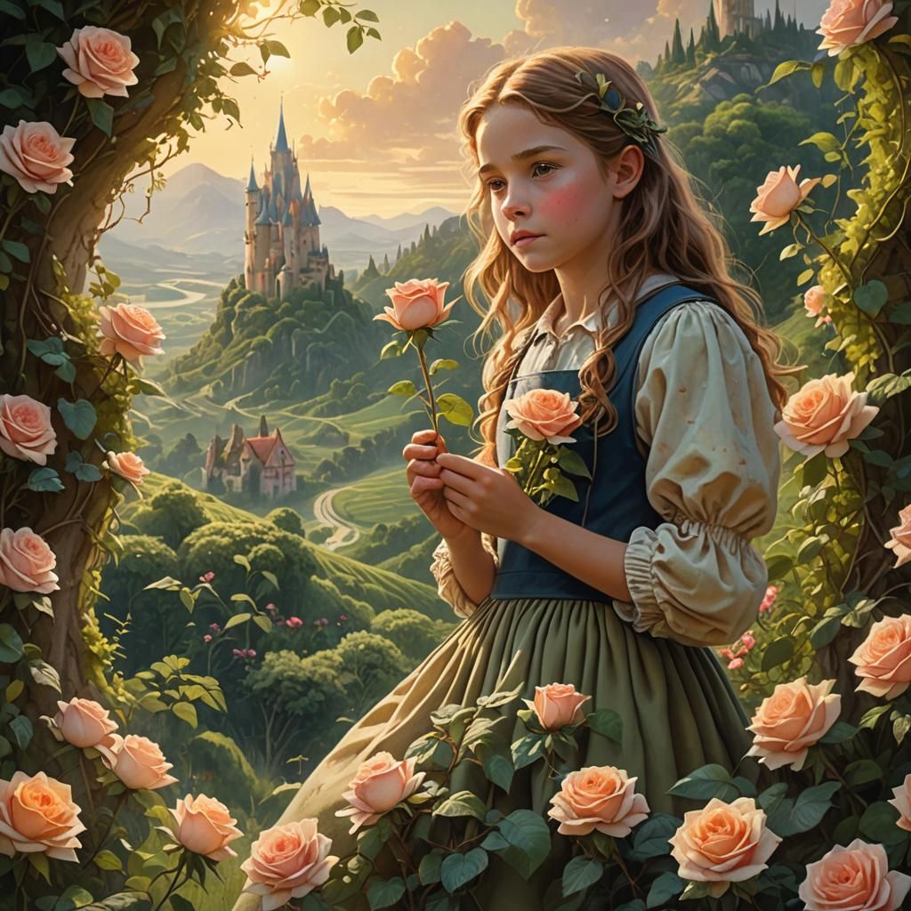 Girl with Rose on Lush Hillside, Fantasy Art