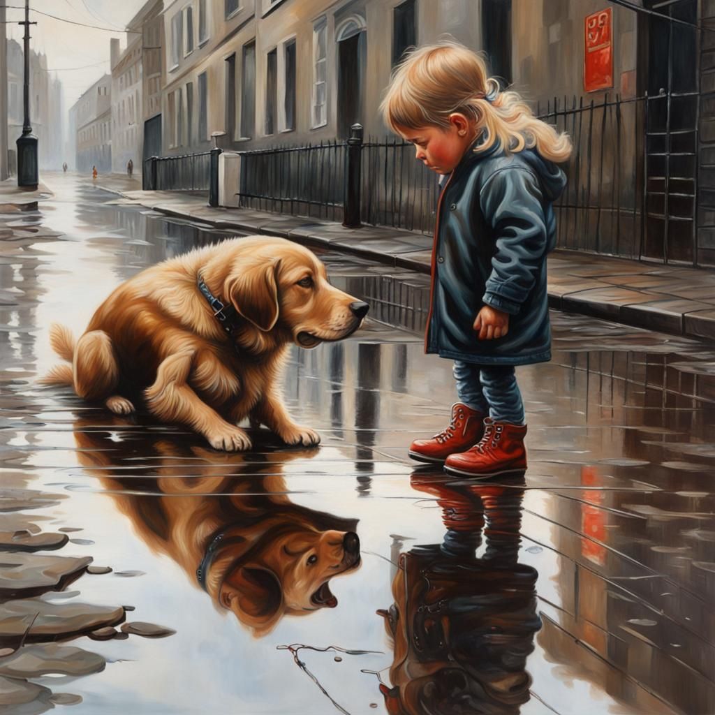 Child and Dog Reflection in Rainy Oil Painting